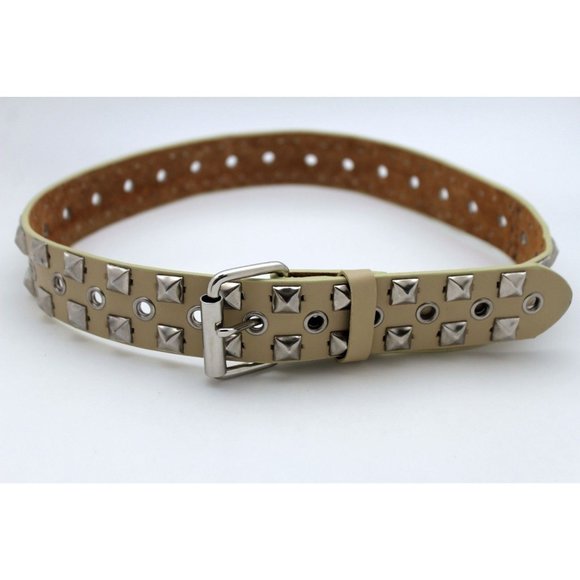 New Women Men Fashion Belt Beige Faux Leather Silver Metal Studs Size S M L XL - Picture 3 of 17